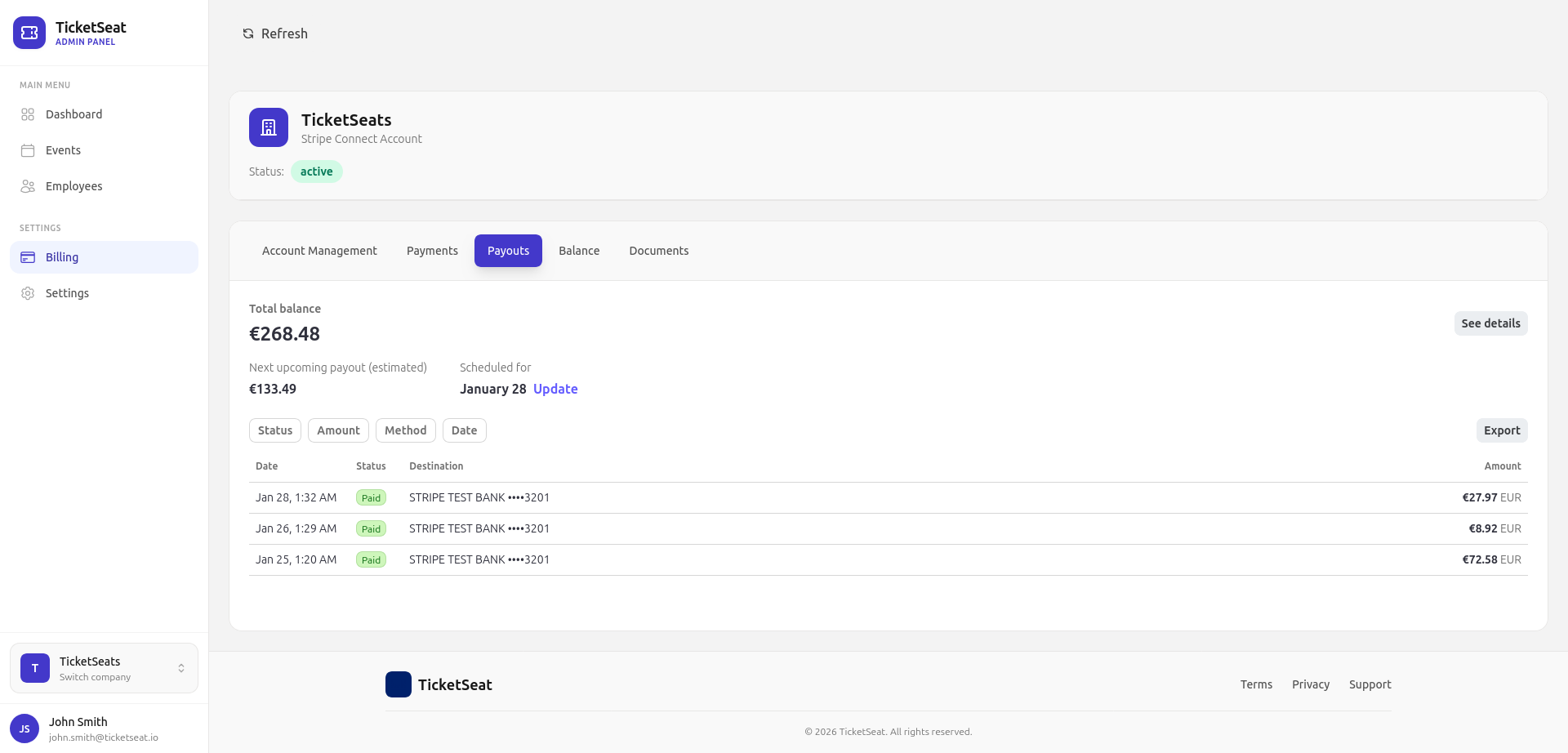 Billing and payouts dashboard showing balance and payout history