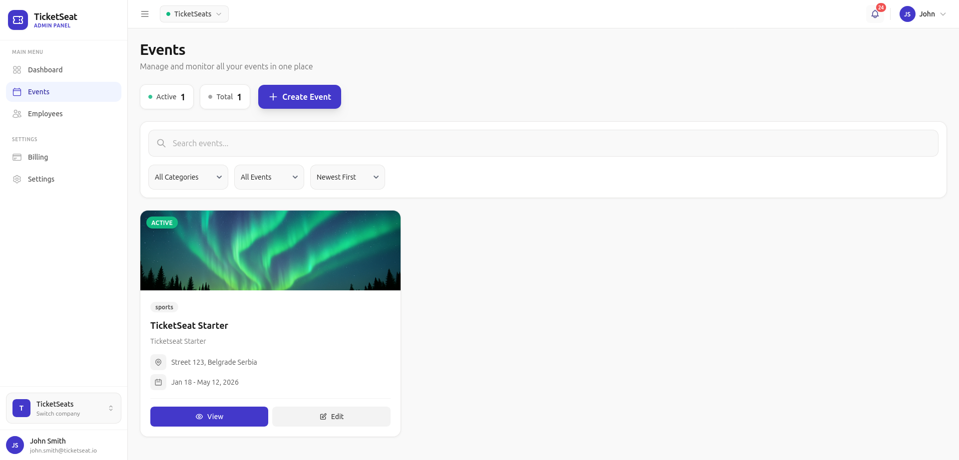 TicketSeat event organizer dashboard overview