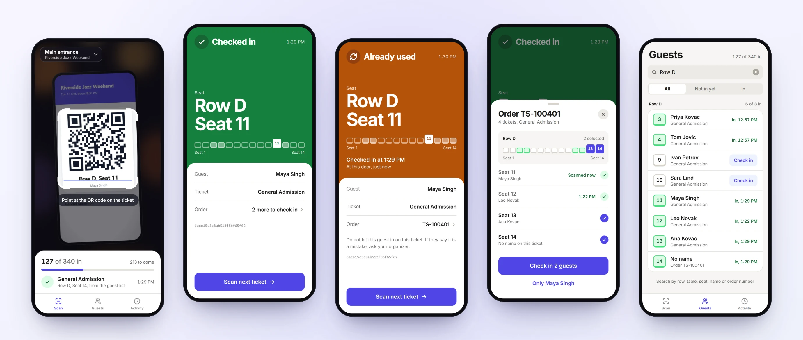 Five Ticketseat scanner screens: the camera on a ticket, a green checked-in result for Row D Seat 11, an amber already-used result, an order with four seats, and the guest list for Row D